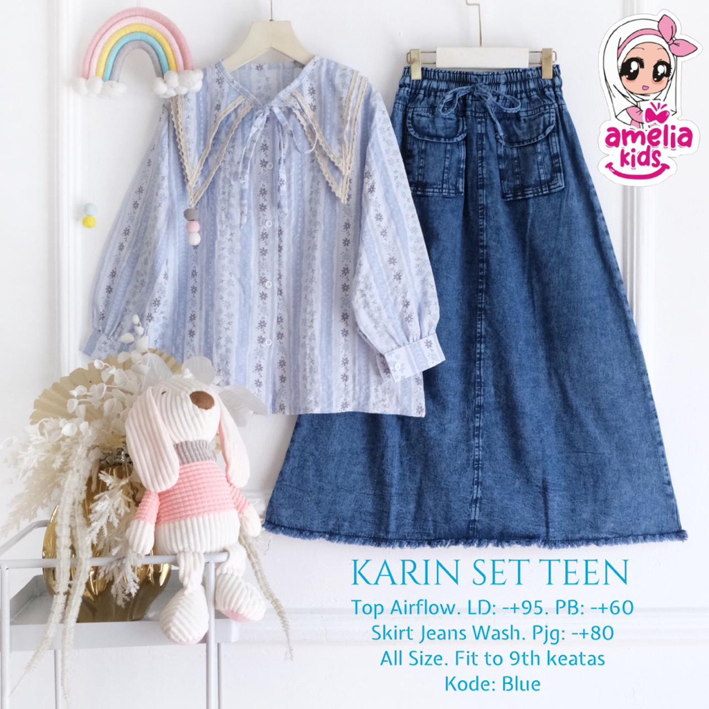 Karin Aira Clara Mika Zoya Set Teen Kids Setelan Blouse dan Rok Jeans Anak Perempuan 8-14 Tahun Outf