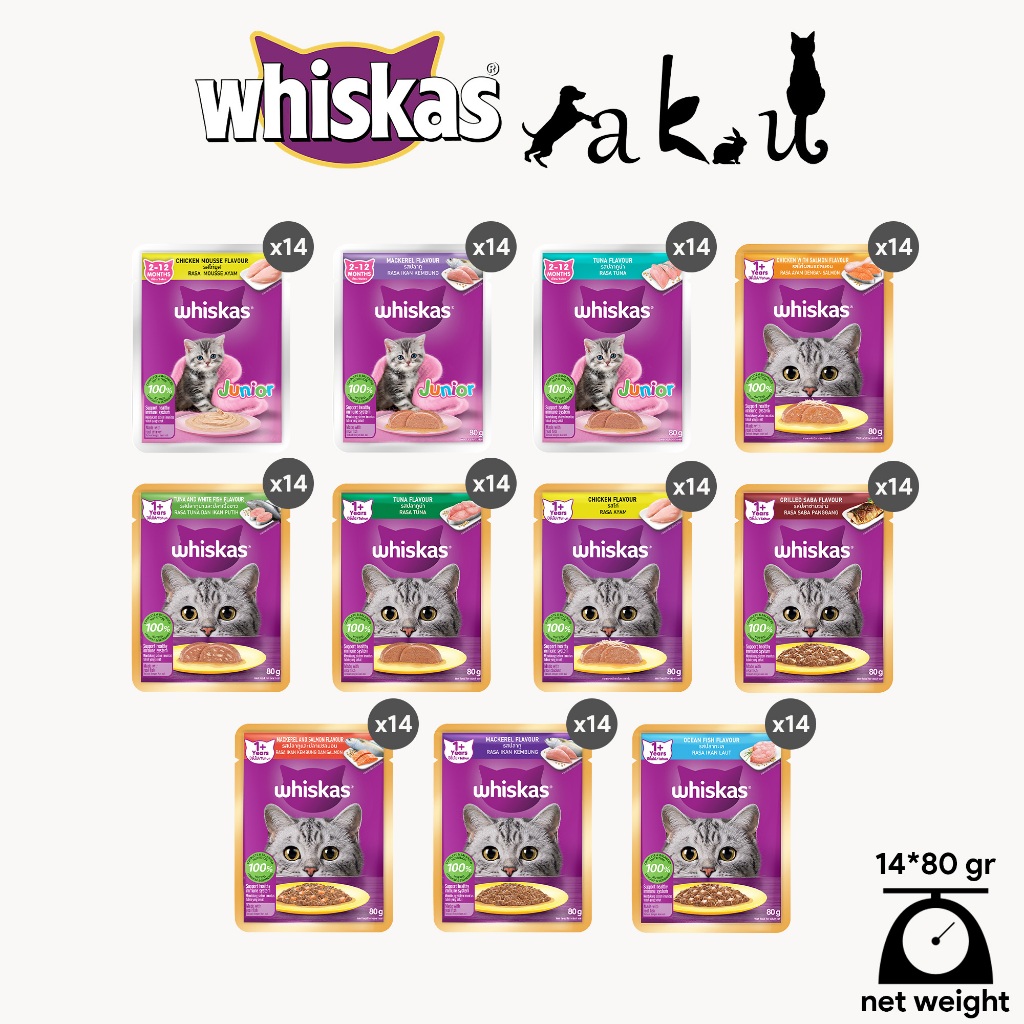 [14 PCS* 80GR] Whiskas Makanan Kucing Basah Pouch Semua Rasa 80gr