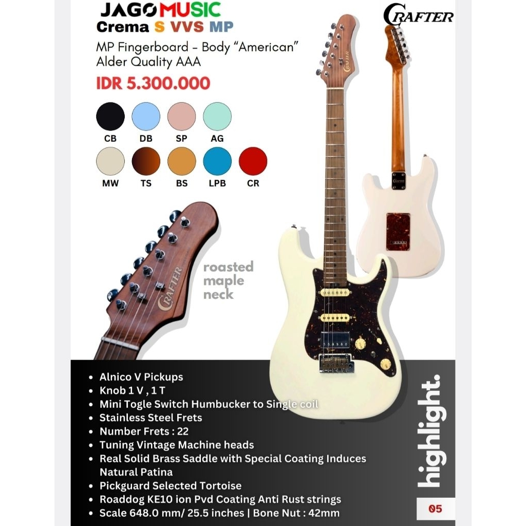 Gitar Elektrik Crafter Crema S VVS MP Roasted Maple Fretboard Stratocaster