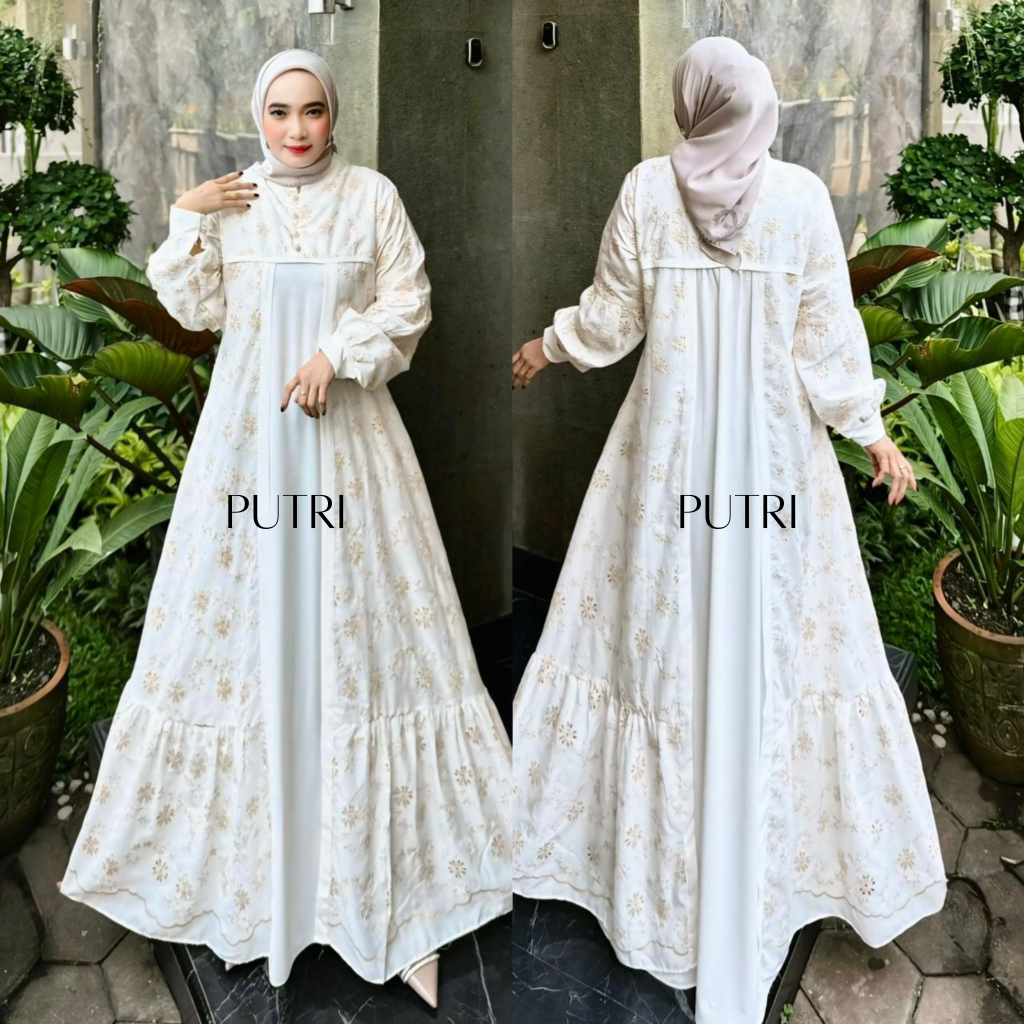 Putri Atelier - Aliyah Dress Gamis Katun Bordir Bolong Mix Ceruty Cantik Kekinian Lebaran Kondangan