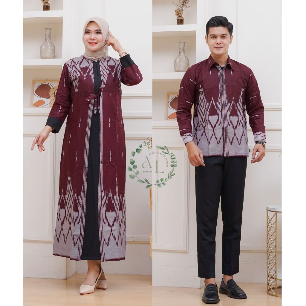 Alleastore03 - Batik Couple Modern Sutena Burgundy Katun Nyaman Gamis Batik Couple Motif Songket Dev