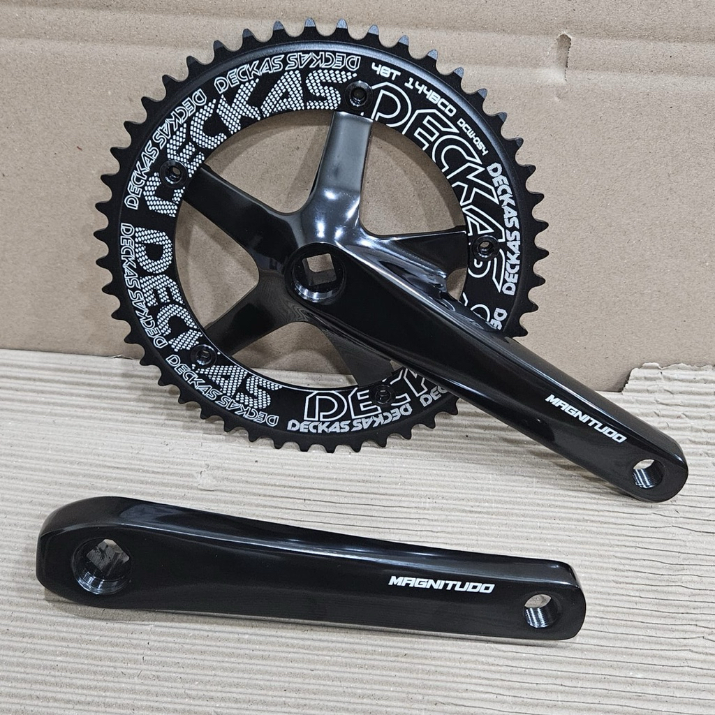 Crank Arm MAGNITUDO Hitam Glossy Chainring DECKAS 48T BCD144 Panjang 170mm