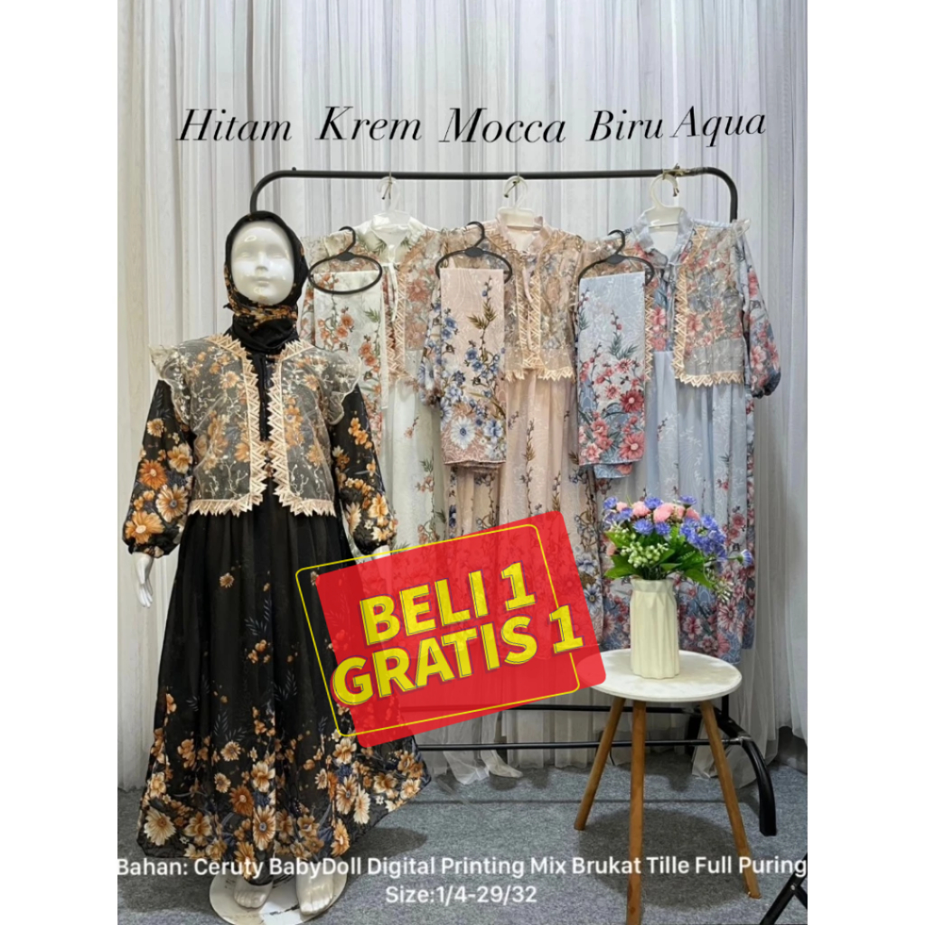 ( PROMO BELI 1 DAPAT 2 ) Gamis Ceruty Babydoll Mix Cardigan Tile Brukat Untuk Anak Perempuan Tanggun