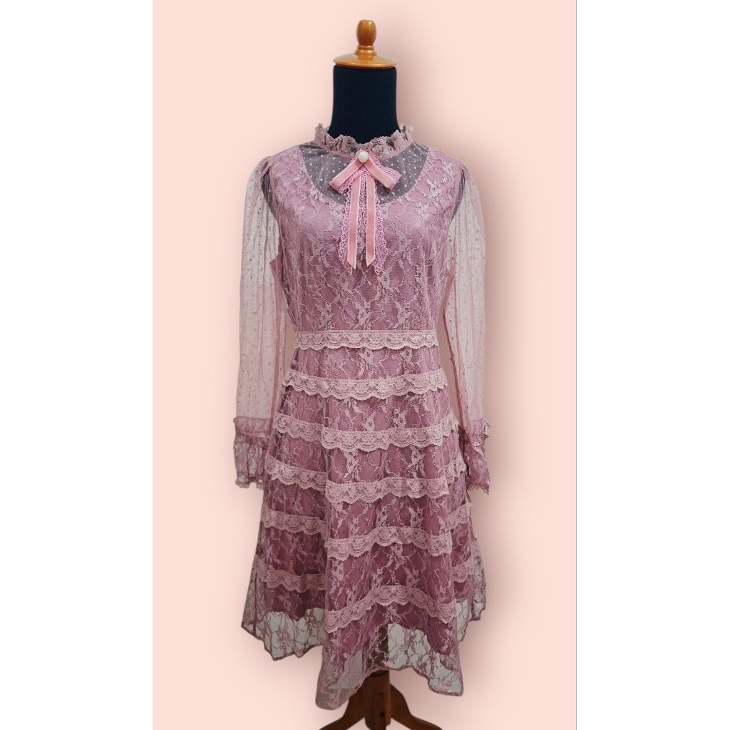 Dusty Pink Kawaii Lolita Brukat Umpak Dress Brand From Axes Femme Ori 100%