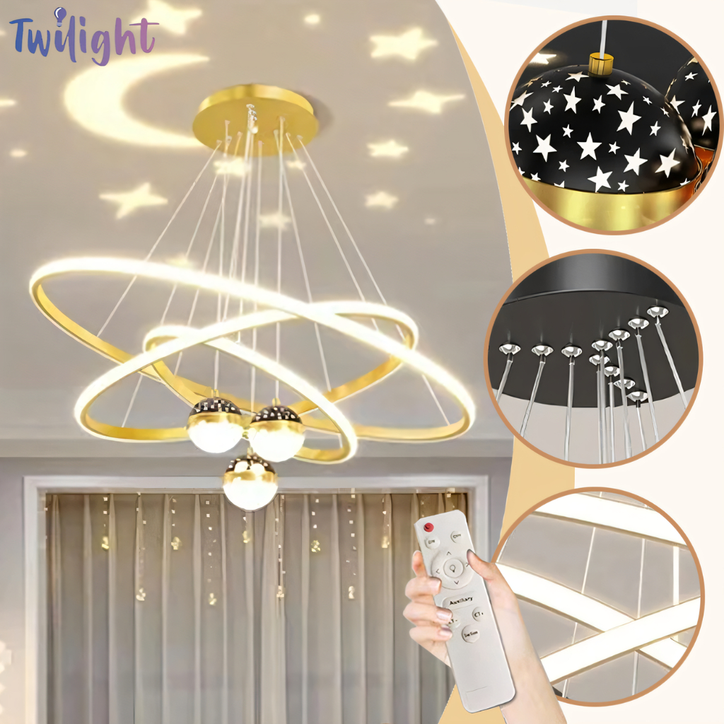 Lampu Gantung LED Modern Gold 60W Dengan Remote Tricolor Infinity Loop Dan Proyektor Bintang Lampu P