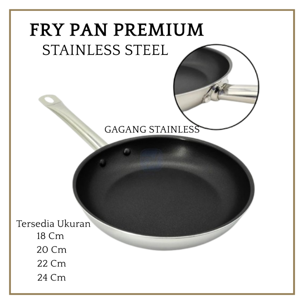 Frypan Teflon Wajan Kuali Penggorengan Stainless Steel Tebal Anti Lengket 18 Cm - 24 Cm