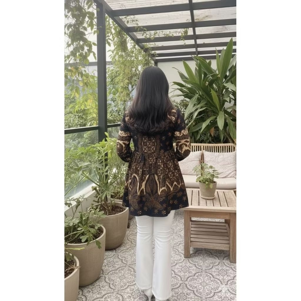 Blouse Batik Wanita Modern Kombinasi Bunga