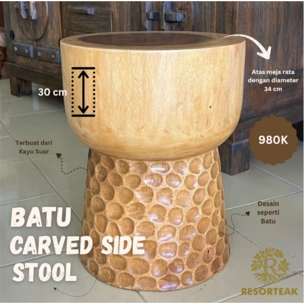 Resorteak Batu Carved Side Stool – Bangku Kayu Suar Motif Batu | Handcarved Batu Stool Kayu Suar – S