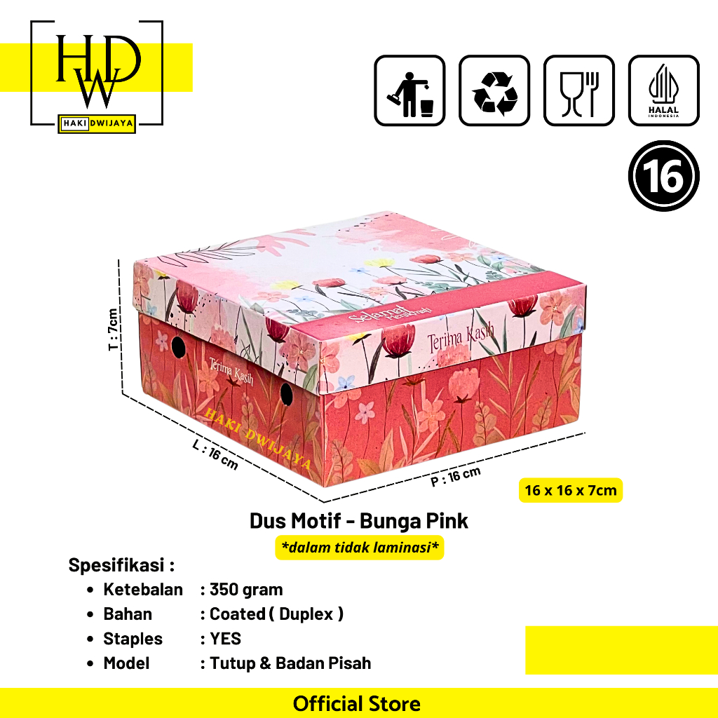 Kemasan Dus / Kotak Nasi dan Snack Ukuran 16x16x7cm Full Colour - Motif Bunga Pink