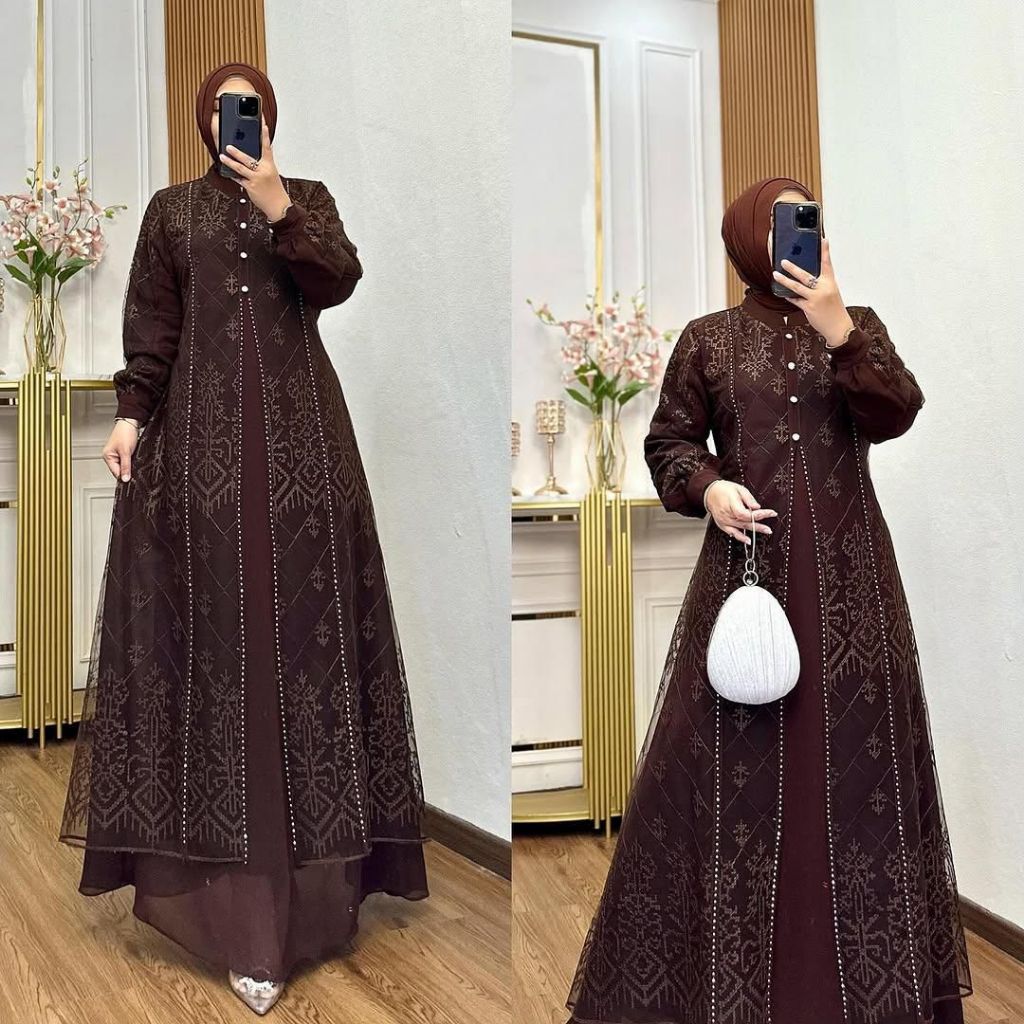 Anya Dress Wanita Muslim Denara Bahan Ceruty Babydoll Mix Brukat Full Puring Aplikasi Swarovski