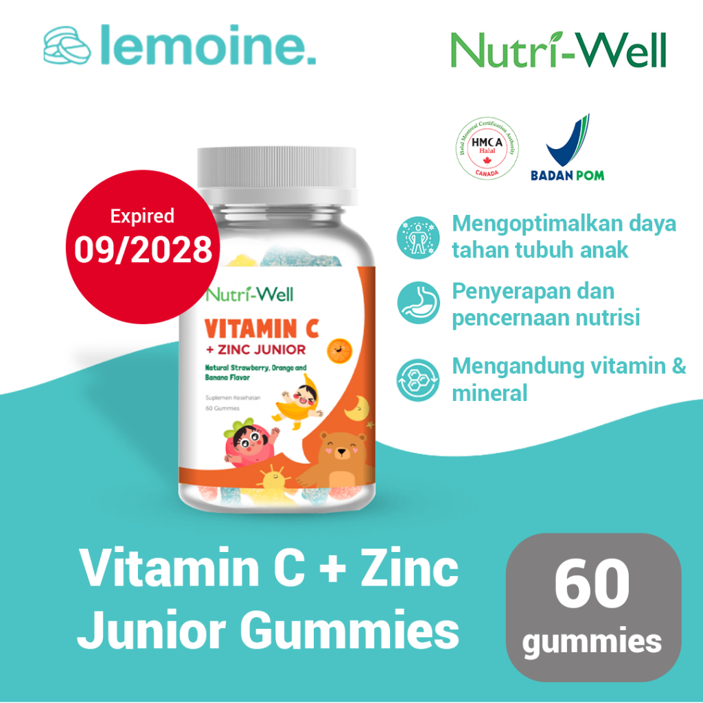 Nutriwell Vitamin C + Zinc Junior Vitamin C Zinc Anak Daya Tahan Tubuh Anti Sariawan 90 gummy