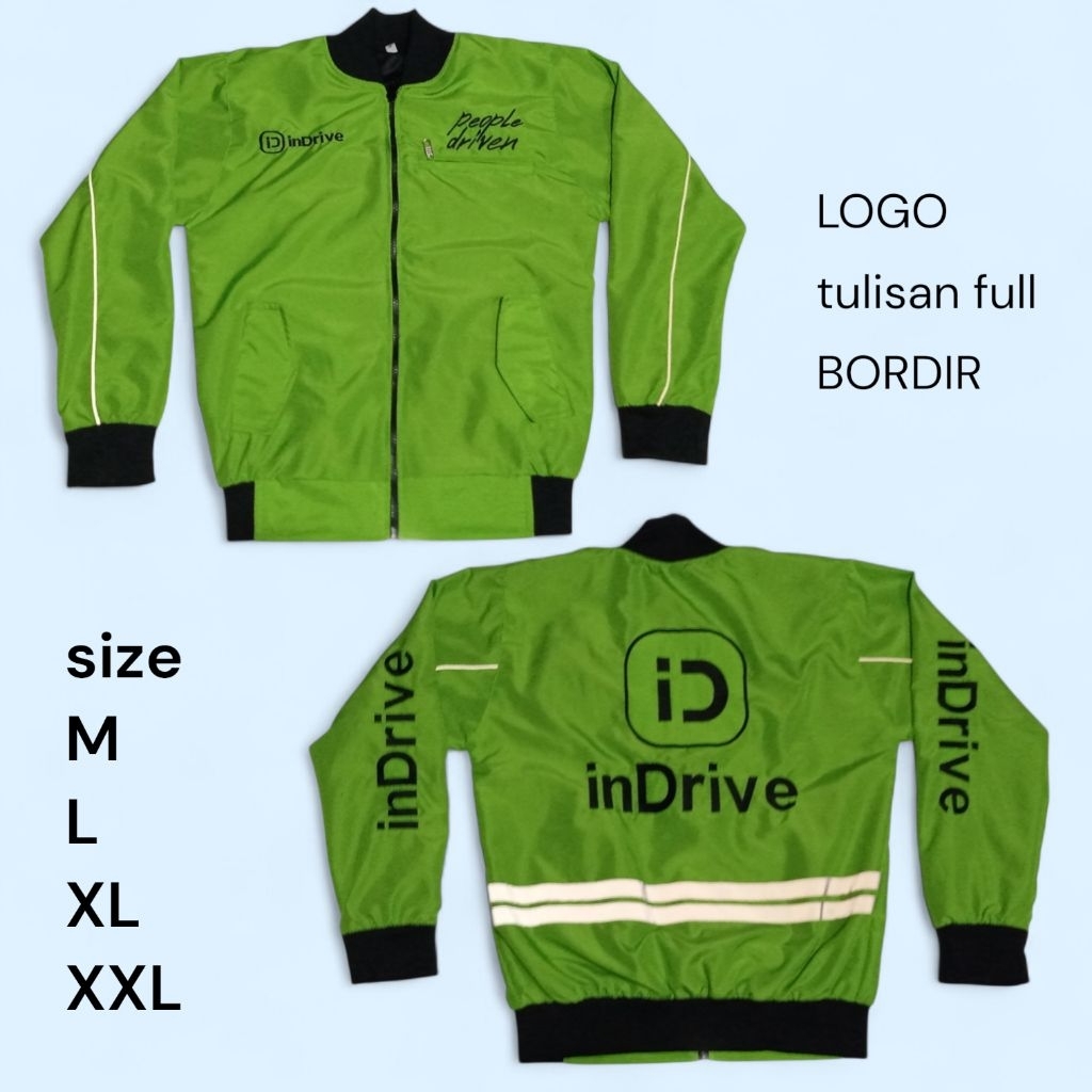jaket indrive hijau stabilo bomber bagus di pakai bordiran komputer