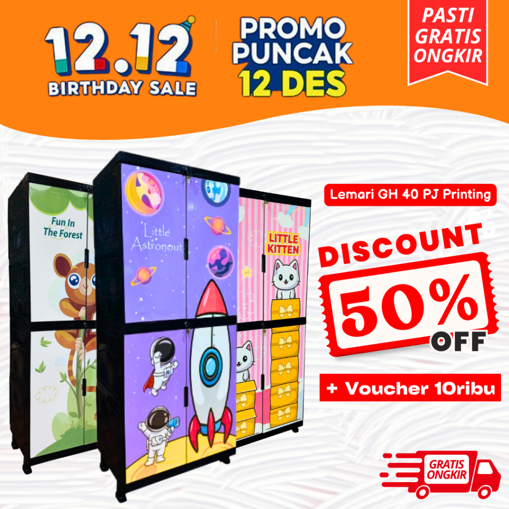 Furniplas - WAPOLIN Lemari Baju Pakaian Anak Plastik Susun Printing Gambar Astronot Luar Angkasa Uku