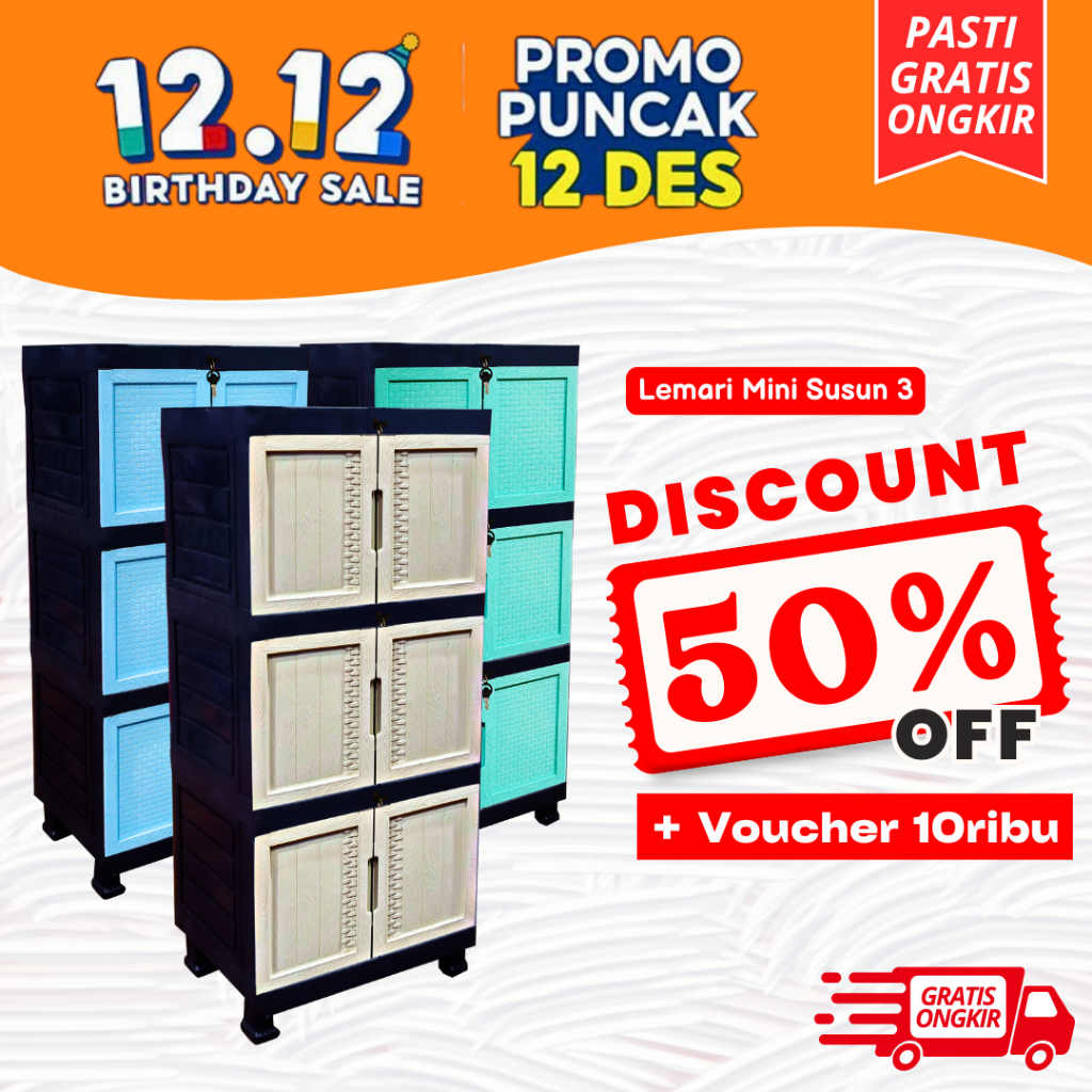 Furniplas WAPOLIN Lemari Plastik Pakaian Susun 3 Motif Rotan Premium Plastic Warna Cream Ukuran 44 x