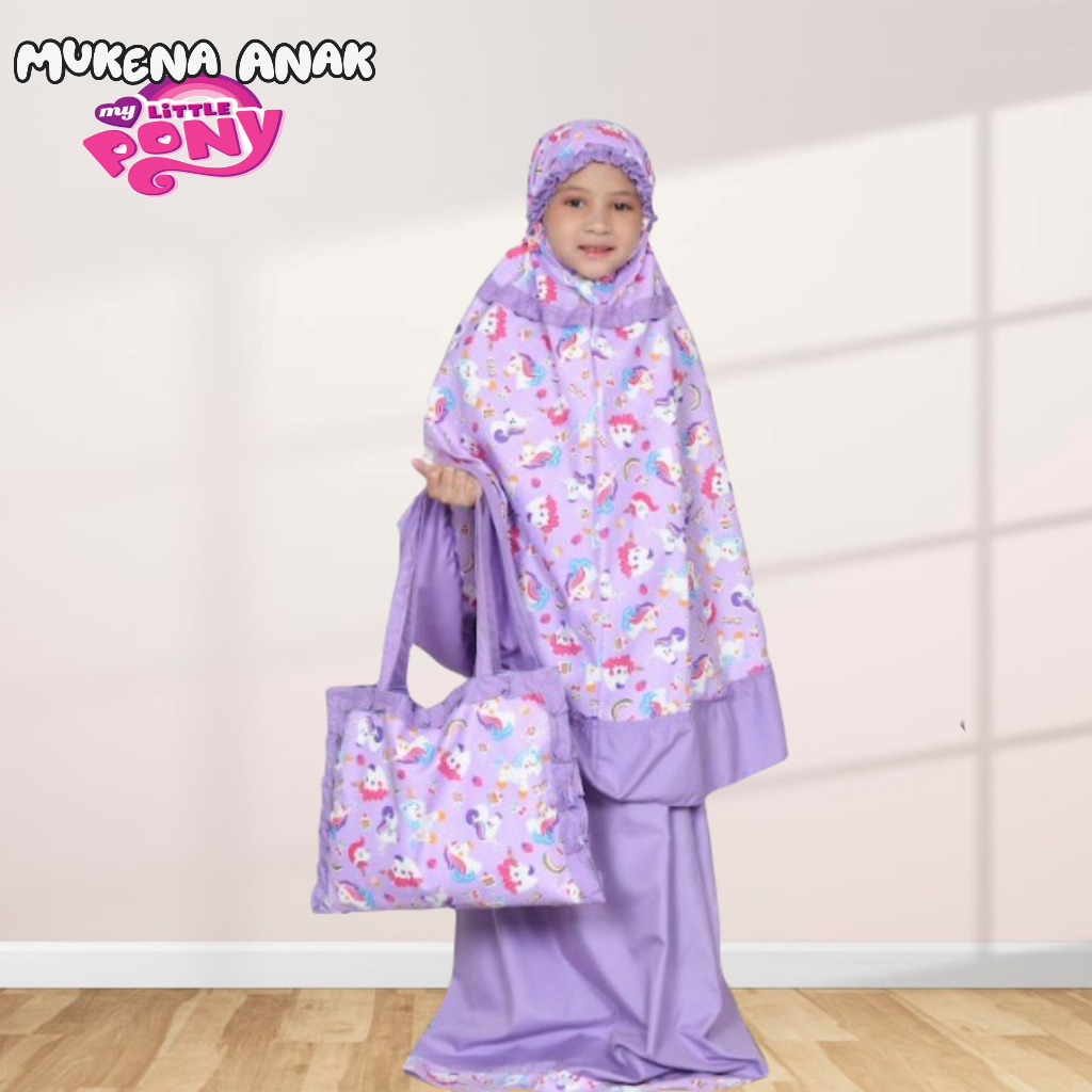 Mukena Anak Tas Sajadah Motif Kuda Poni Ungu | Mukena Anak Perempuan Karakter