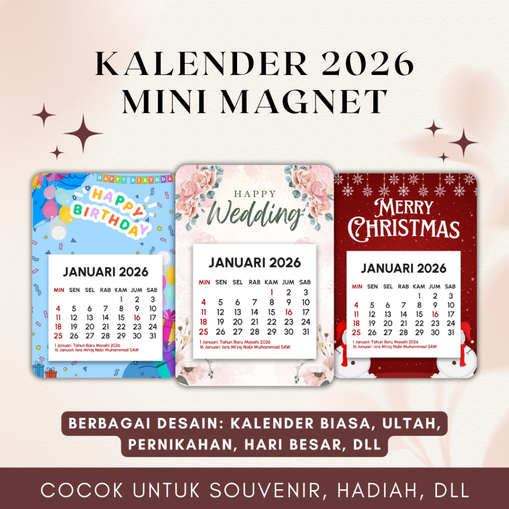 Kalender Mini Magnet  2026 | Kalender 2026 | Souvenir Nikah, Ultah, Hari Besar