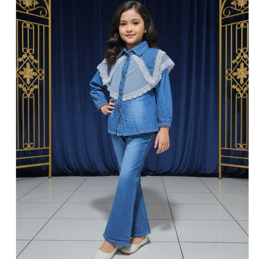 Setelan Jeans Anak Perempuan Bahan Jeans Mix Brukat Untuk Anak Usia 3 - 13 Tahun - HanaBalQuesKids