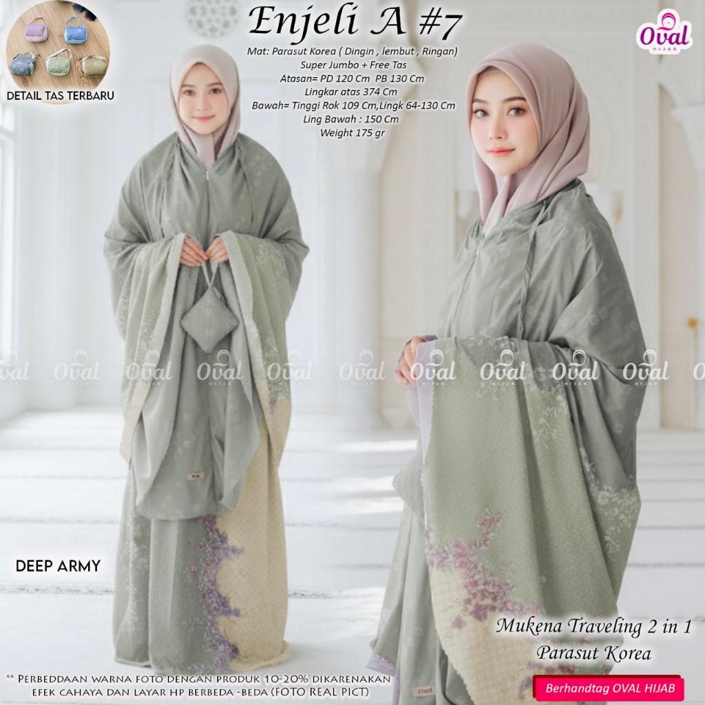 Enjeli A#7 Mukena Original Oval Hijab Mukena Traveling Parasut Korea 2in1 Zipper Depan Mukena Dewasa