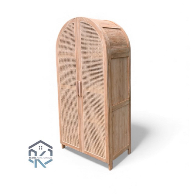 Almari Pakaian Lengkung Kayu Jati Pintu Rotan / Almari Jati / Almari Rotan