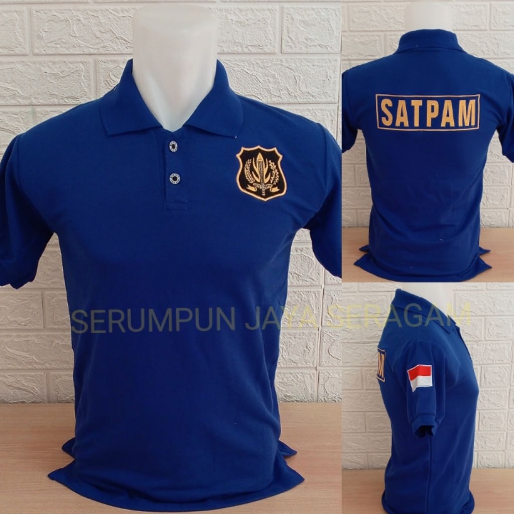 KAOS SATPAM BIRU LOGO KUNING FULL BORDIR - KAOS KERAH SATPAM BIRU BORDIR - KAOS SATPAM