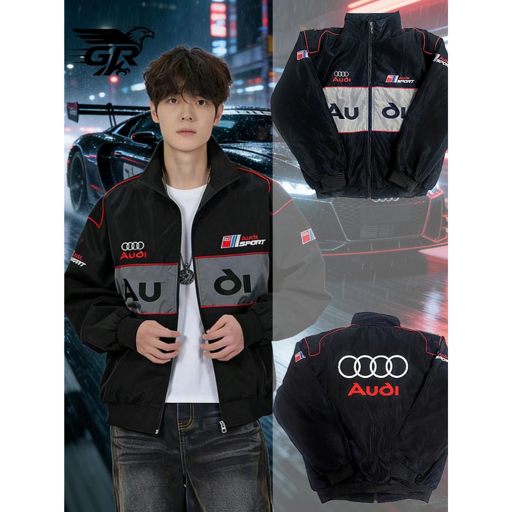 GR F1 Jaket Audi Bomber Pria, Jaket Sukajan Long Sleeve Casual ,Coat Timnas Loose Hitam OOTD Unisex