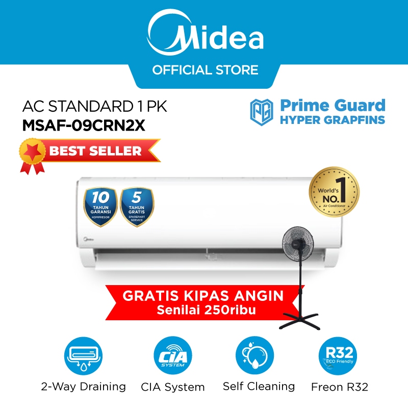 Midea AC Standard 1 PK R32 Series MSAF-09CRN2X Prime Guard Hyper Graphins Cepat Dingin (Unit Indoor 