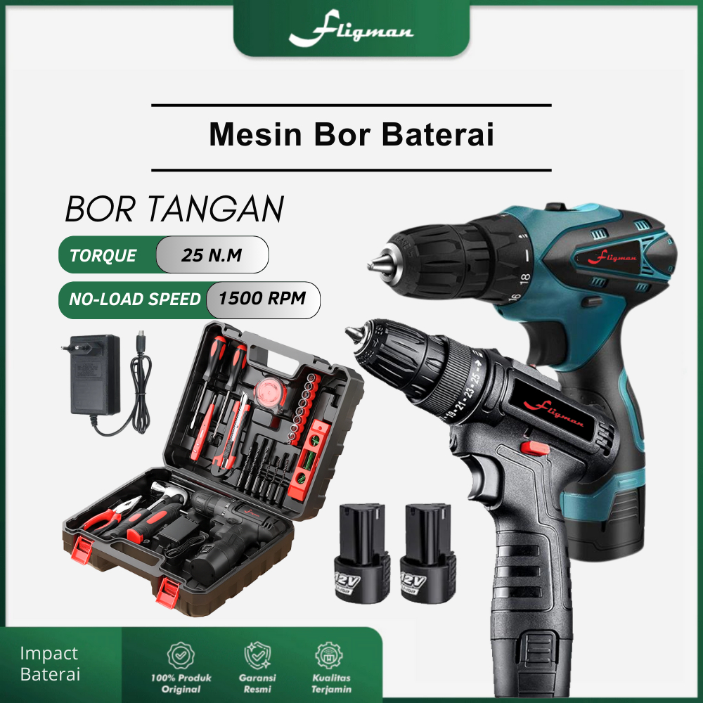 Fligman - Bor Baterai Cordless 12V | Mesin Bor Tangan Tanpa Kabel Rechargeable Serbaguna Fullset
