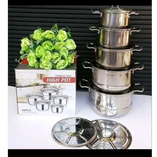 Panci Set High Pot Stainless steel tutup Kaca 12 pcs 5 panci, 5 tutup kaca, 2 sarang kukusan