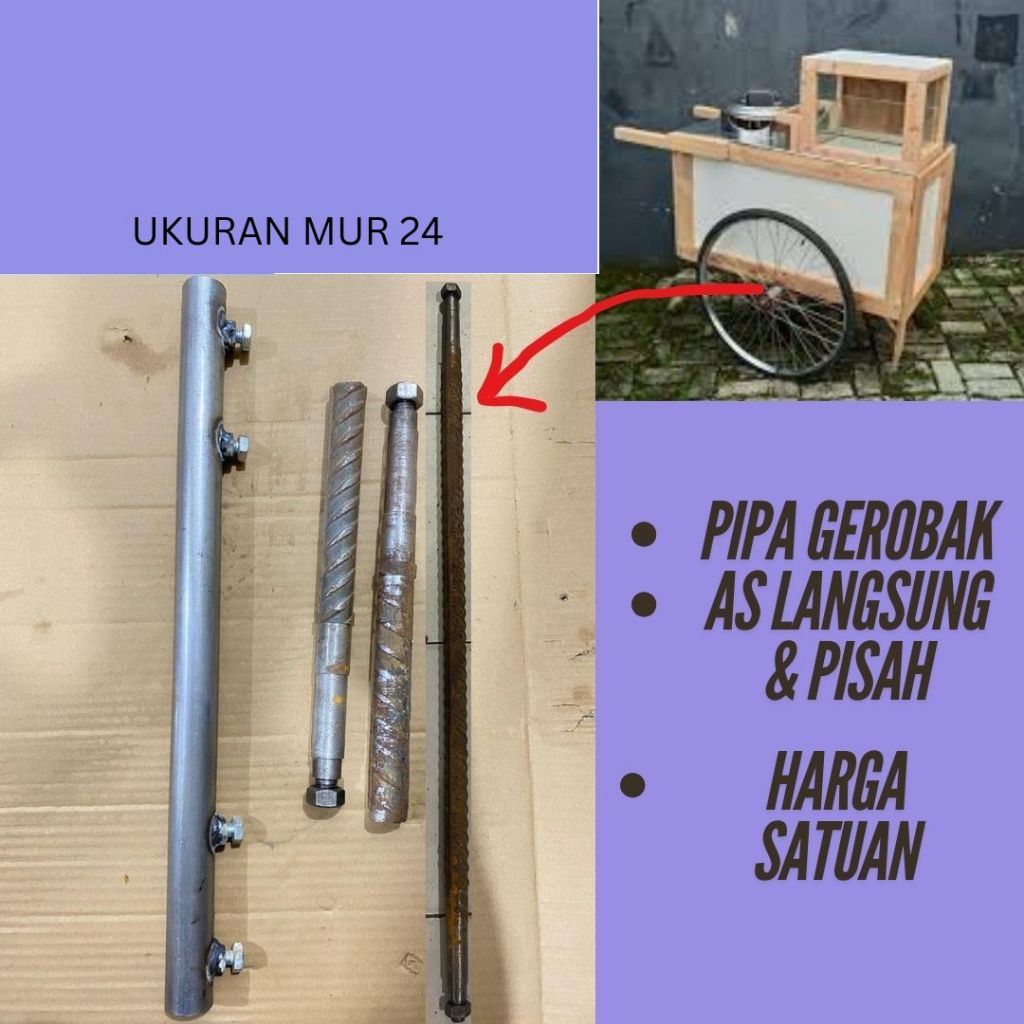 Gerobak Becak As & Pipa Sambung Potong Langsung Satuan Besi Sepeda Use Bearing 6204 6205 35 cm 50 cm