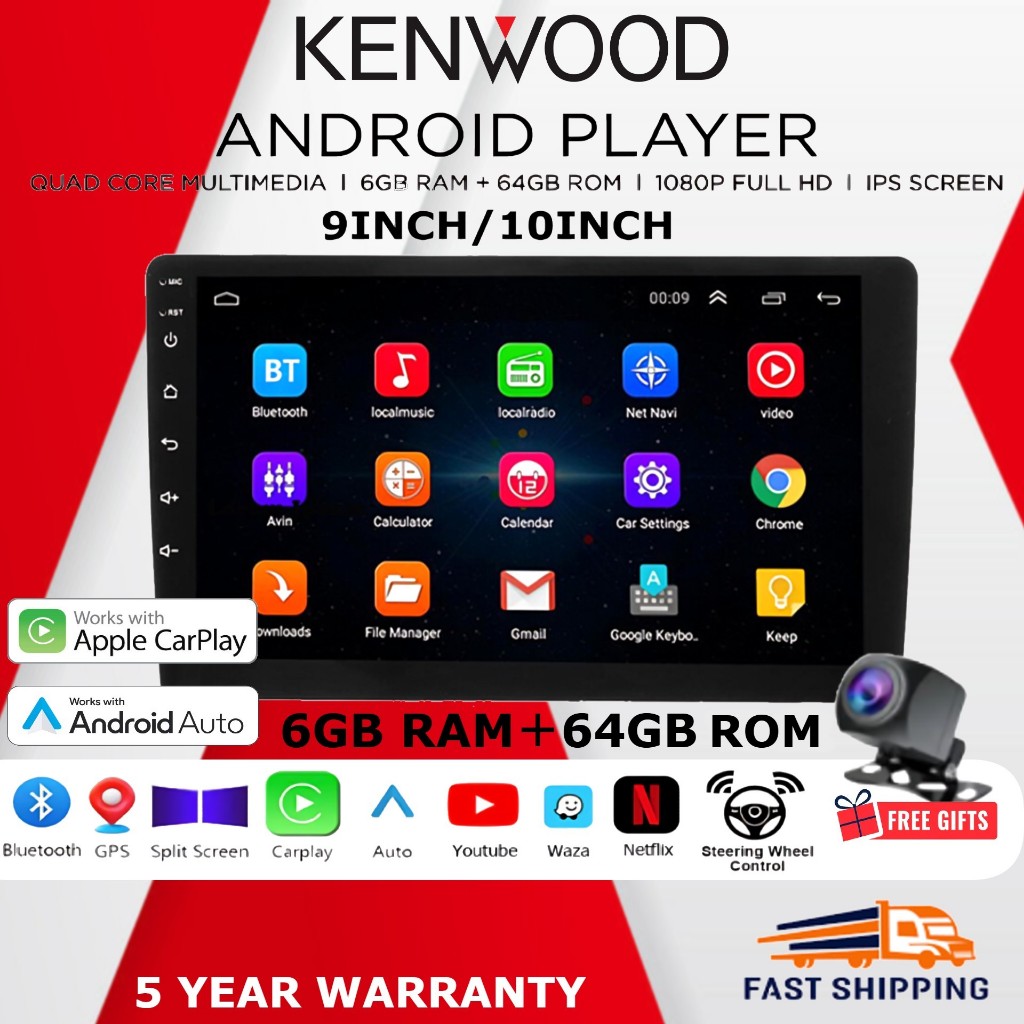 6GB RAM+64GB ROM Kenwood 2025 Newest Android Player "9"10 inch Quad Core Car Multimedia MP5 Player