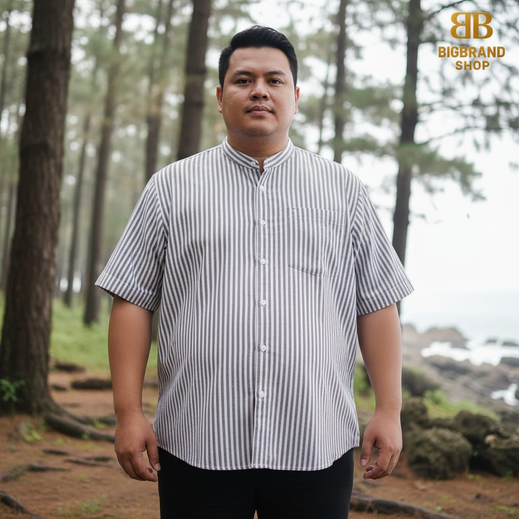 BIGBRAND Kemeja Pria Kerah Shanghai Jumbo Lengan Pendek Salur Stripe Garis garis Big Size Premium