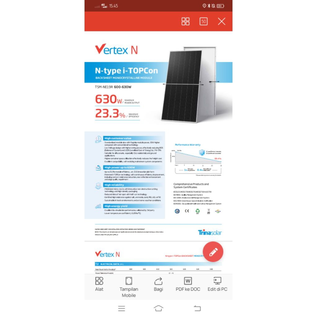 Solar Panel Trina Solar 620Wp Mono Solar Cell Panel Surya