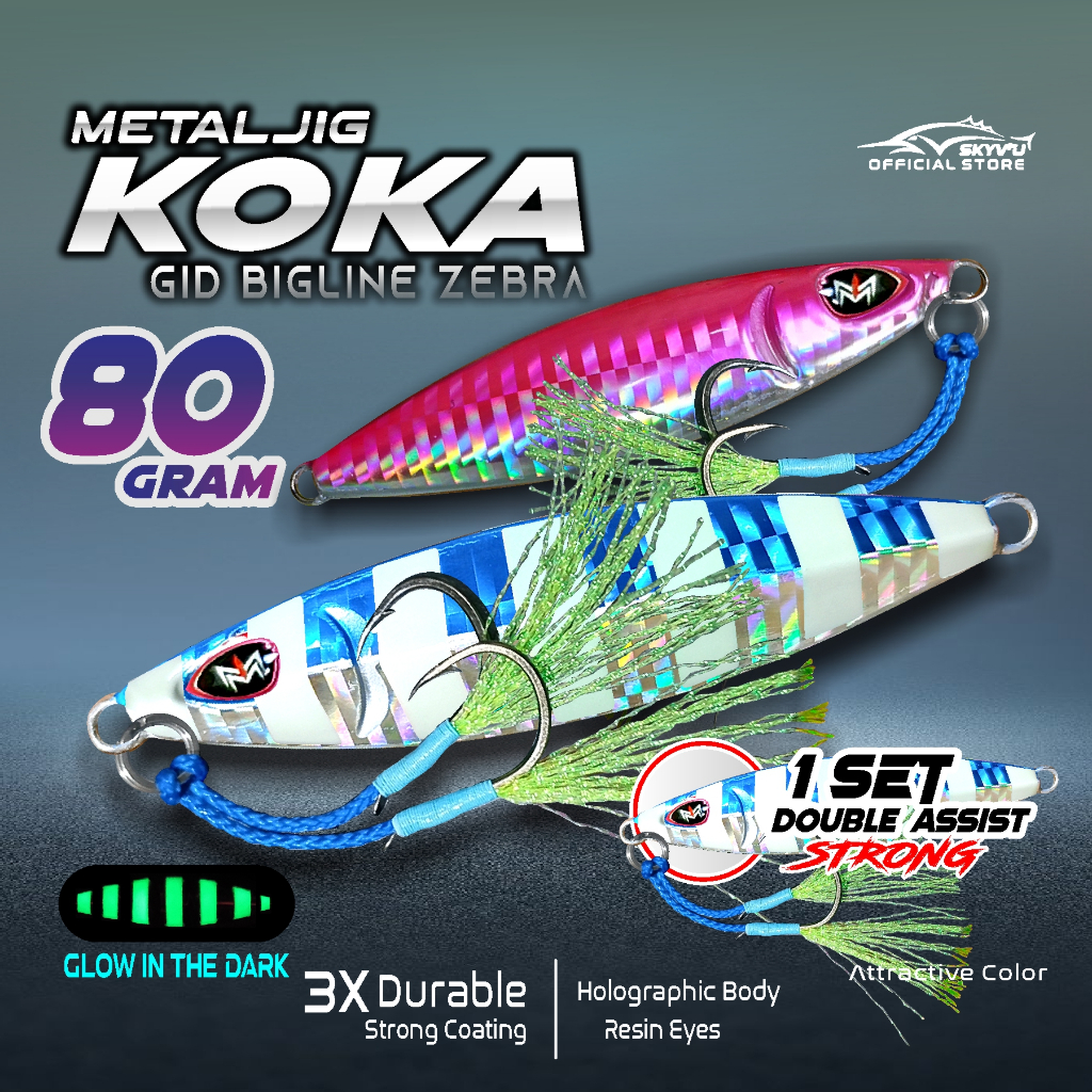 Metal Jig 80 Gram SKYVIU KOKA Hologram Garis GID  Zebra 1 Set Double Assist Hook 80gr Umpan Jigging 