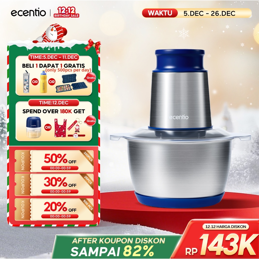 ecentio food chopper stainless coper daging dan bumbu 2L food processor 6 Mata Pisau blender 250W pe