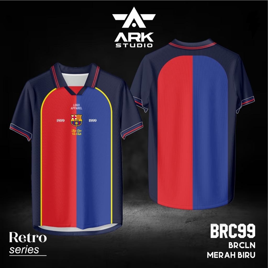 Jersey Retro BRC99 FC Barcelona 1889-1999 Merah Biru / Kaos Bola Klasik Vintage Casual Unisex
