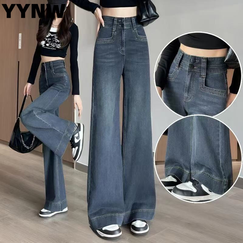 YYNW Biru retro Celana jeans wanita Premium Celana jeans lurus longgar ala Korea