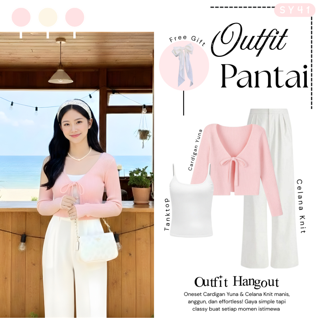 Kenzie Outfit Set Wanita Korea ( Tanktop + Cardigan + Celana Knit ) One Set Pantai Wanita - SY41