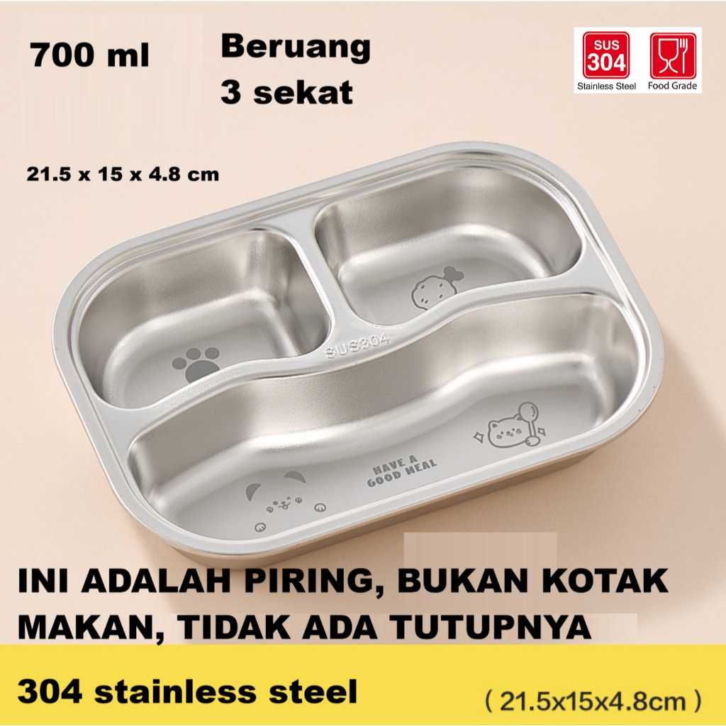 Piring makan anak Tray makan 304 stainless steel 3 sekat / 4 sekat karakter kartun