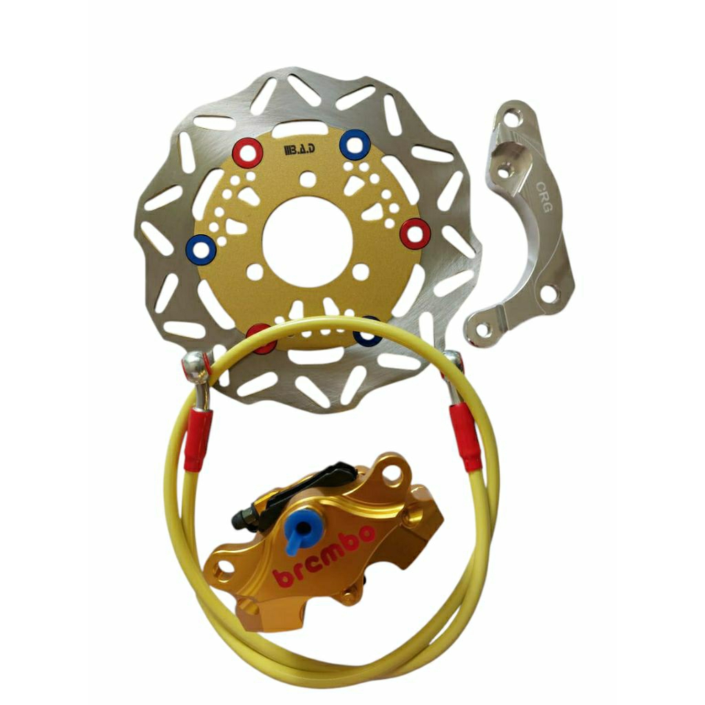 paket 4 in1 kaliper kanan 2 piston Brembo full cnc + piringan 01 gold ukuran standar 190mm + breket 