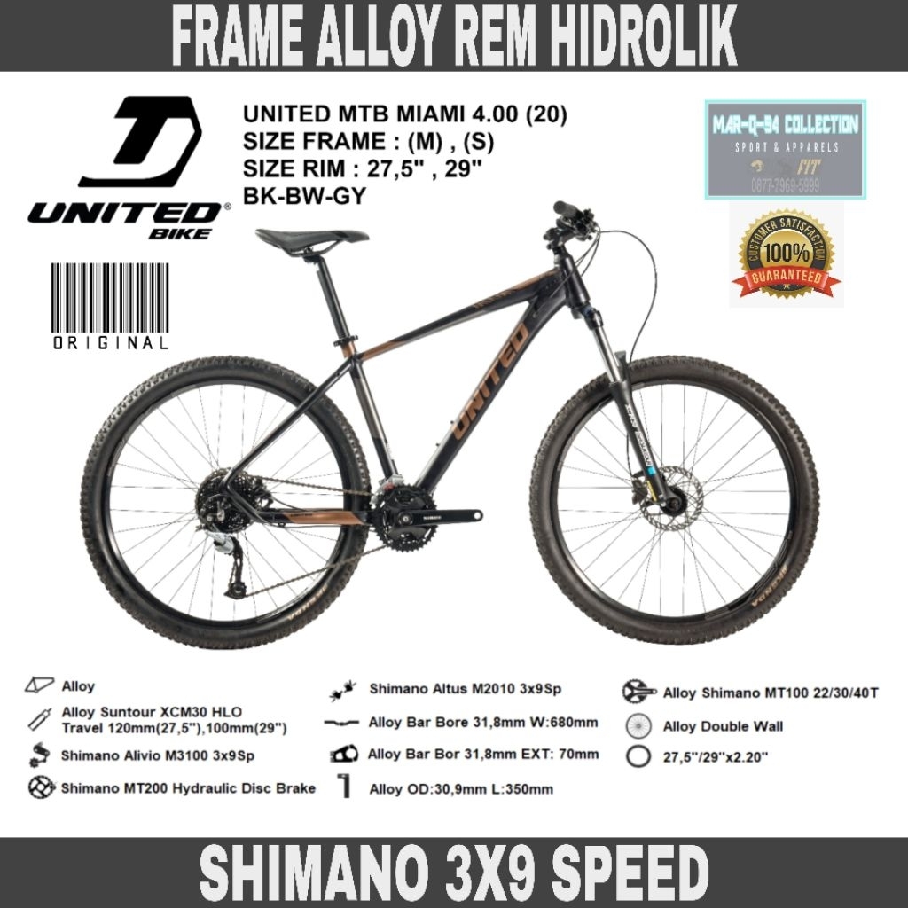 Sepeda MTB United Miami 4.00 ring 27.5 3x9 Speed Shimano - New Ori