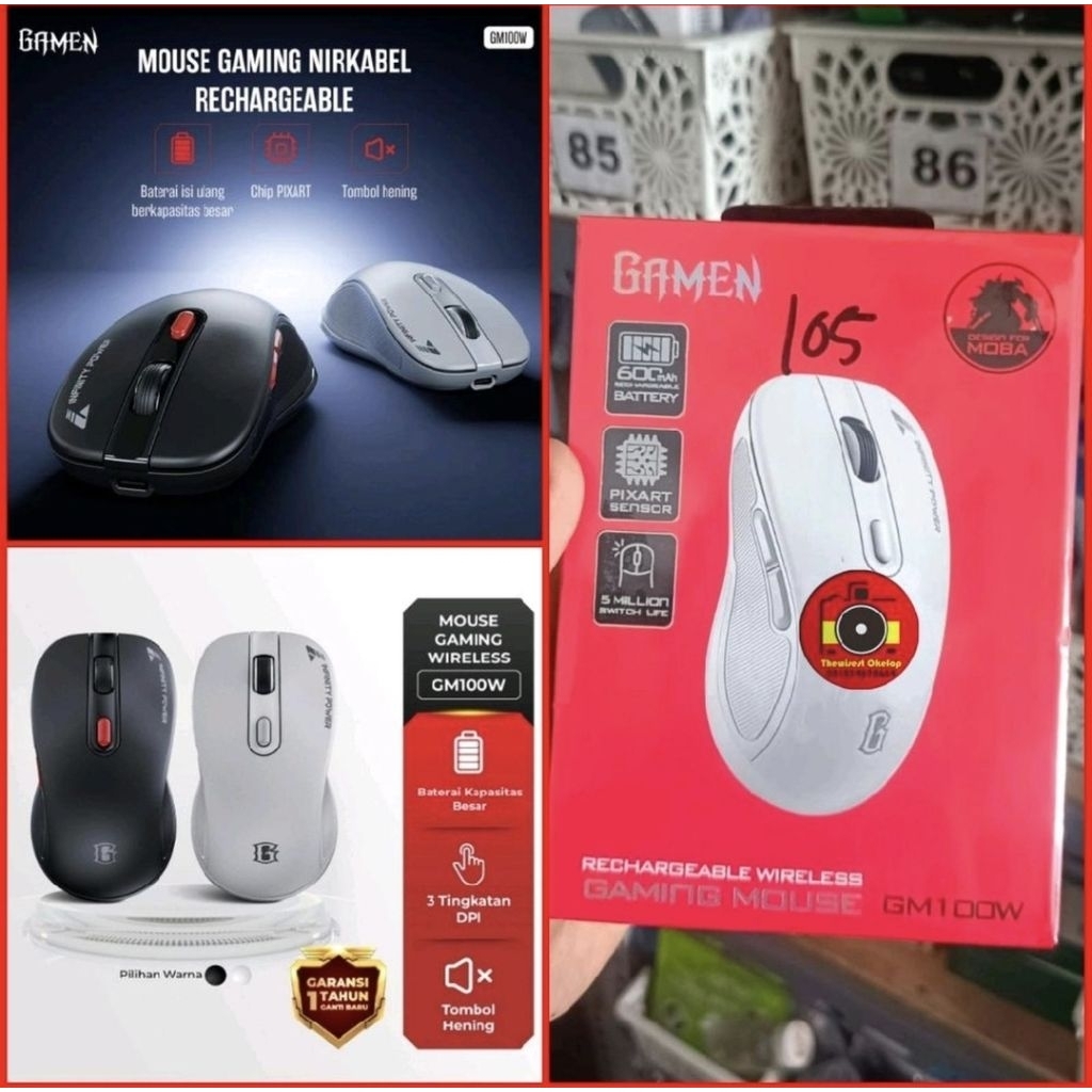 GAMEN GM100W Mouse gaming wireless rechargeable 600mAh Chip Pixart