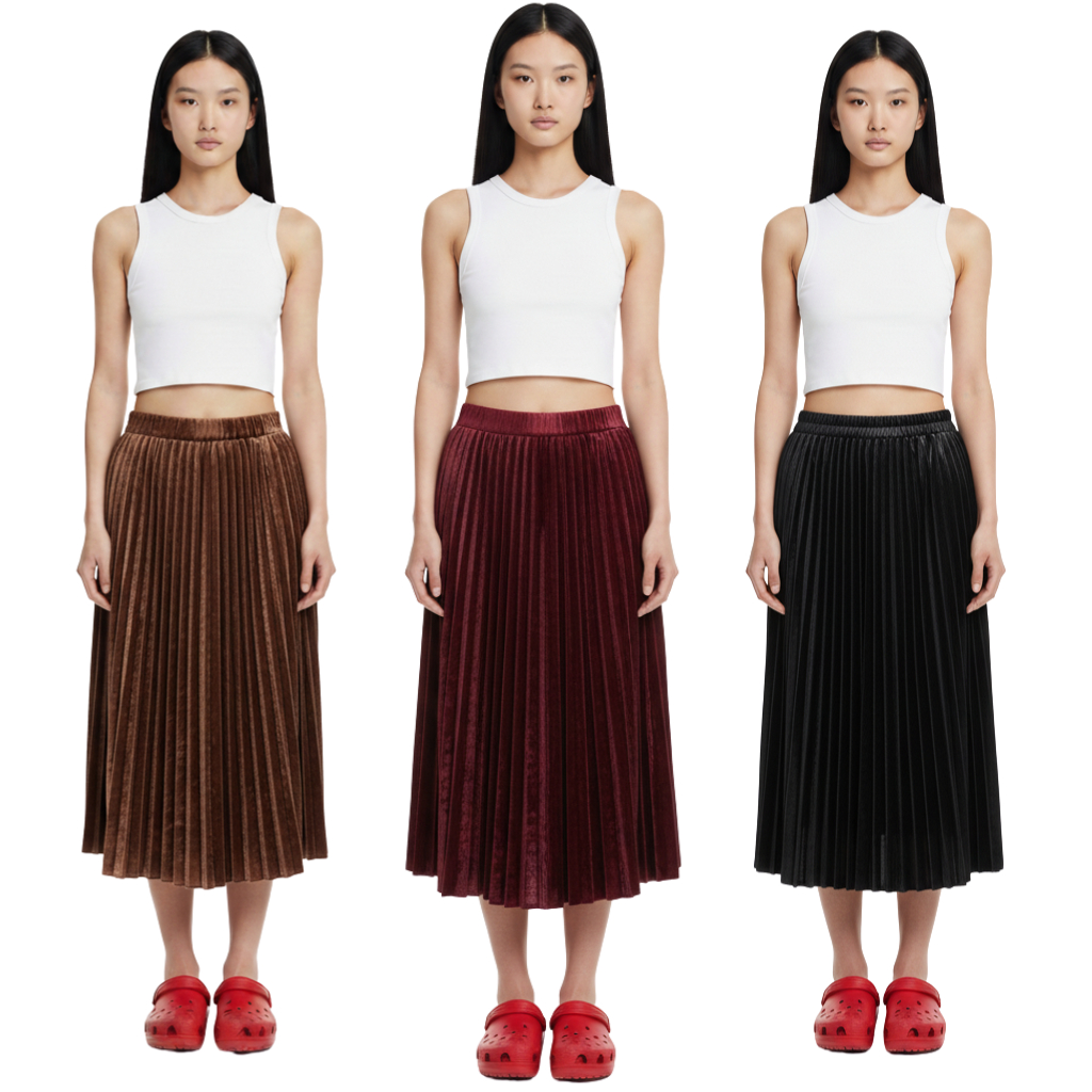 Rok Plisket Beludru Wanita – Velvet Midi Skirt Premium Rok Beludru Plisket Midi – Fashion Wanita Ele