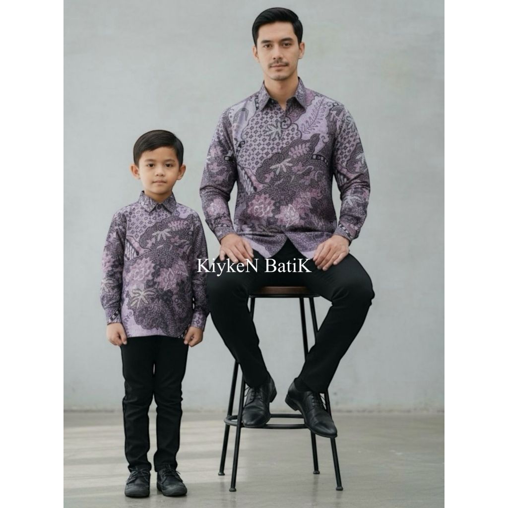 UNGU LILAC,Kemeja Batik Couple Ayah dan Anak Lengan Panjang Lapisan Furing Warna Lilac Ungu Taro