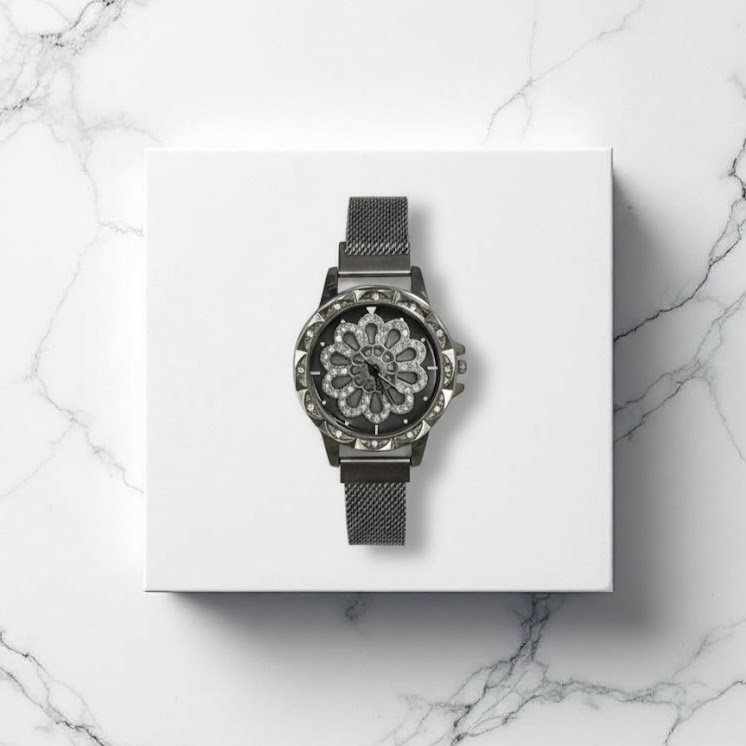 (CUCI GUDANG) Jam Tangan Dior Bunga Luxury Edition – Strap Mesh Hitam, Tampilan Cantik dan Berkelas,