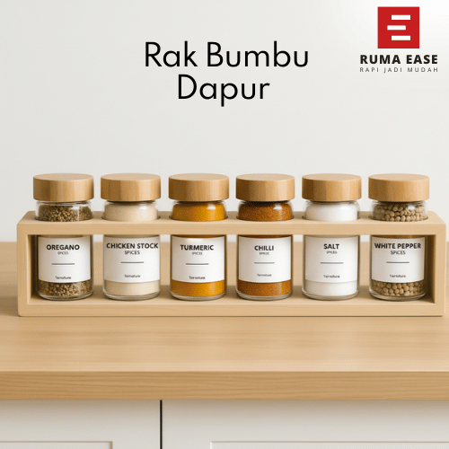 Rak Bumbu Dapur Estetik 6 Botol Kaca Spice Jar Rak Bumbu Kayu Storage Tempat Bumbu Dapur