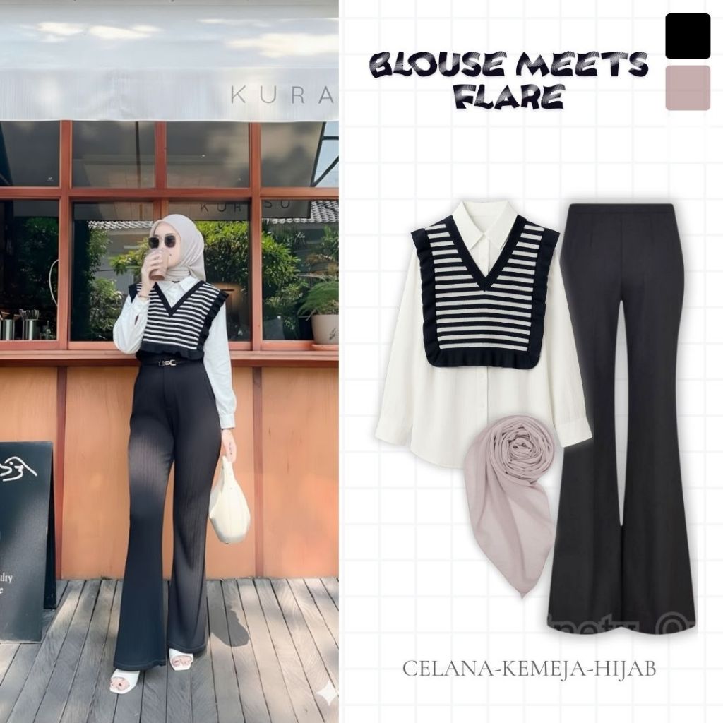 1 Set OOTD Wanita Kekinian Celana Cutbray Polo Linen Hijab ||Korean Style Wanita