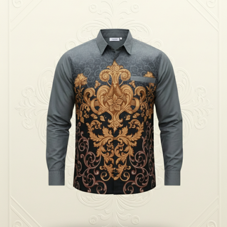 Kemeja Batik Lengan Panjang Katun Premium Halus SlimFit Motif Terbaru Modern Warna Dasar Abu-abu [Mo