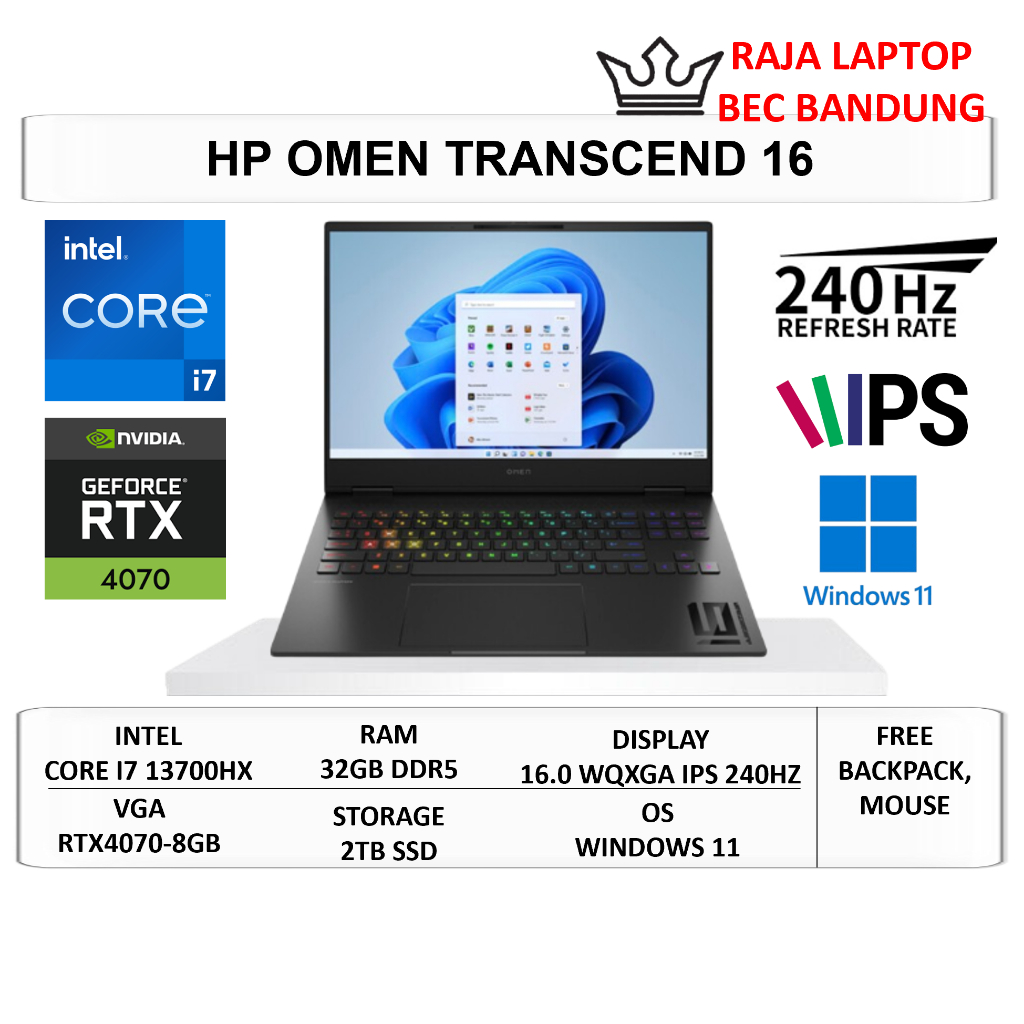 HP Omen Transcend 16 RTX4070 8GB Intel Core i7 13700HX Ram 32GB DDR5 SSD 2TB 16" WQXGA IPS 240Hz