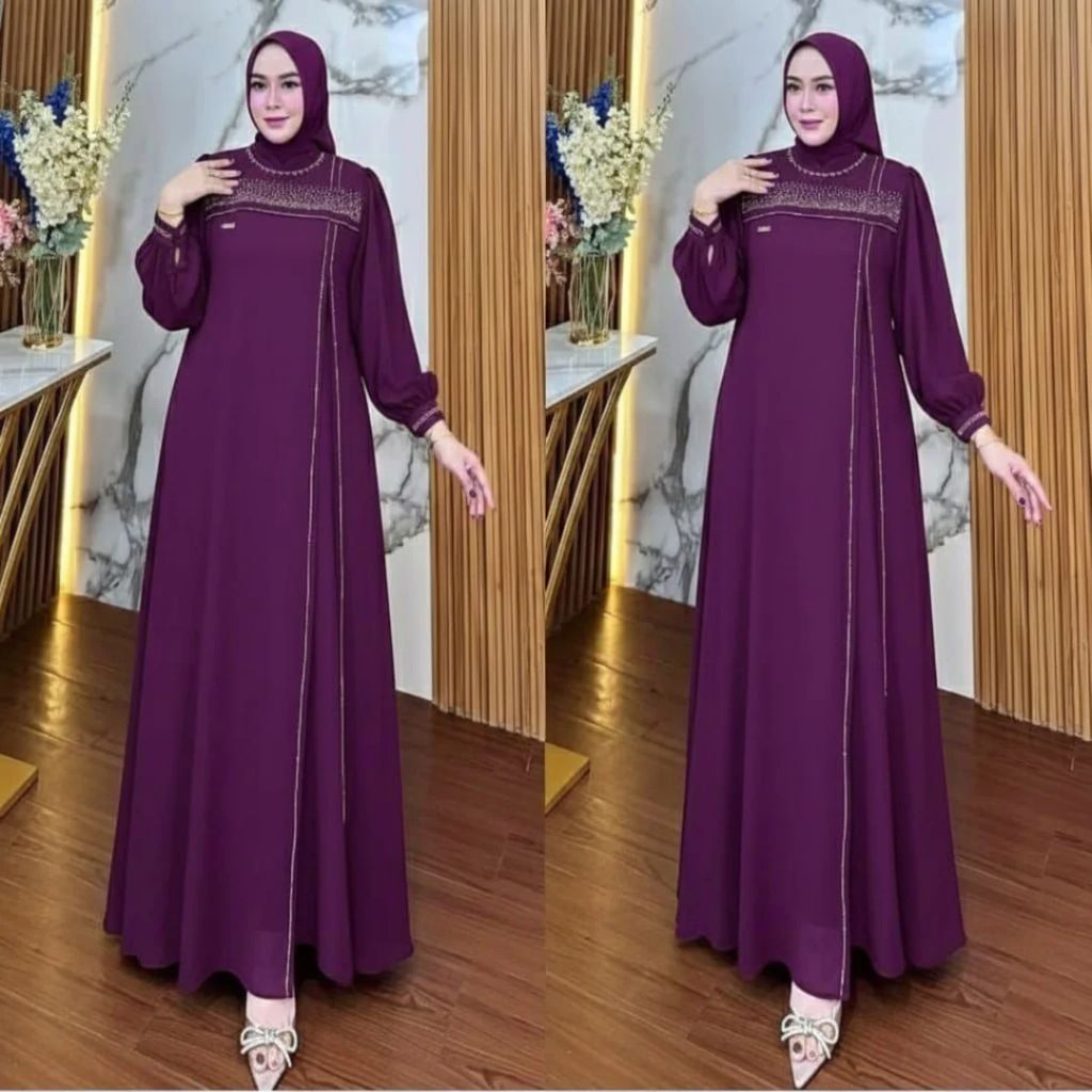 Karina Dress Baju Gamis 2026 Model Gamis Terbaru Bahan Ceruty Babydoll Mix Swarovsi