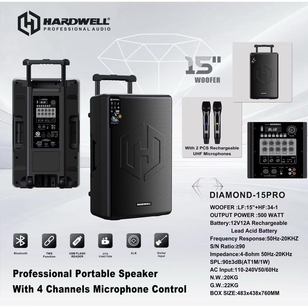 Speaker Portable Hardwell Diamond 15Pro Original Speaker 15inch hardwell